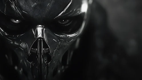 Obsidian skull visor with cybernetic menace in shadowed void.