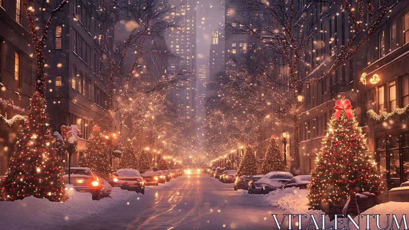 Snowy city street glows with cozy Christmas lights and trees