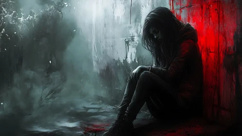 Solitary girl in red-lit alleyway embraces quiet despair