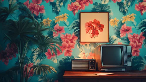 Retro tropic lounge where neon jungle hugs vintage tech.