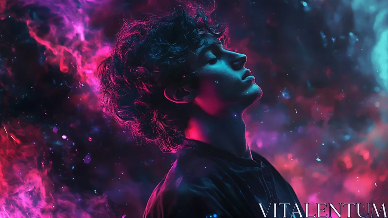 Side-lit profile portrait merges neon bicolor rim light and cosmic fog