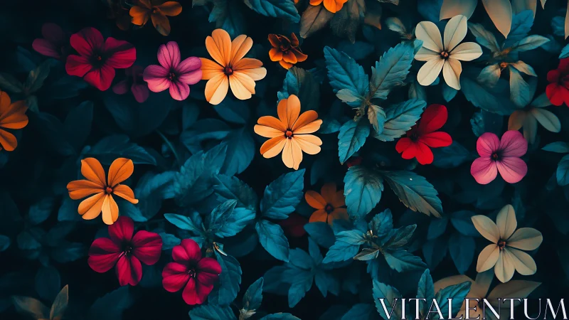 Vibrant Floral Composition with Contrasting Blooms Against Deep Teal Foliage