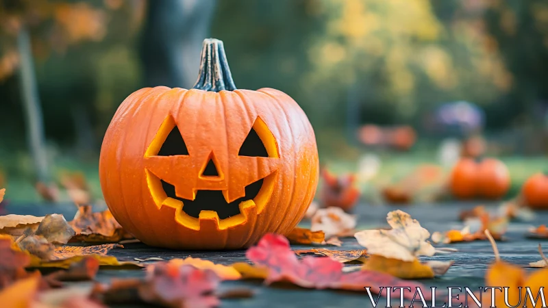 Smiling jack-o’-lantern glows amid colorful autumn leaves.