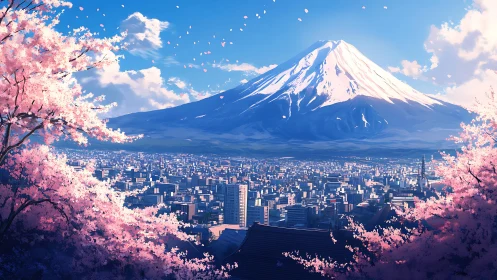 Digital painting of Mt. Fuji with urban panorama and sakura framing.