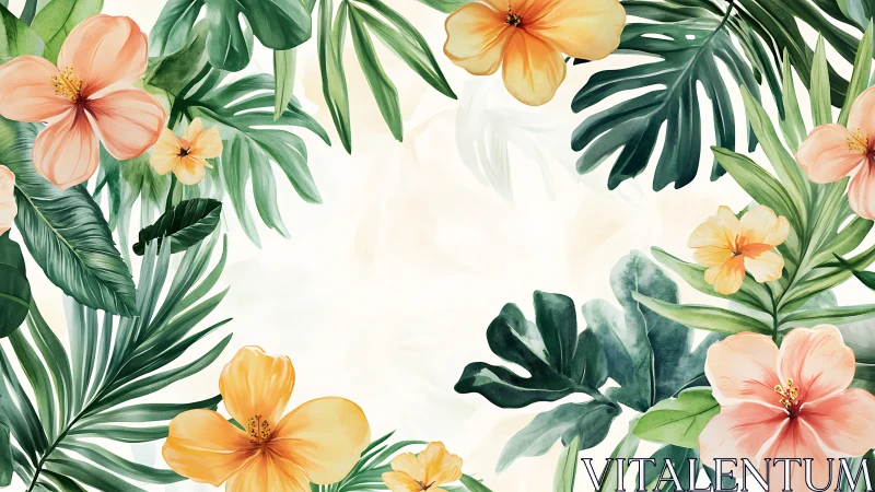 Botanical Arrangement: Tropical Florals with Layered Foliage Illustration