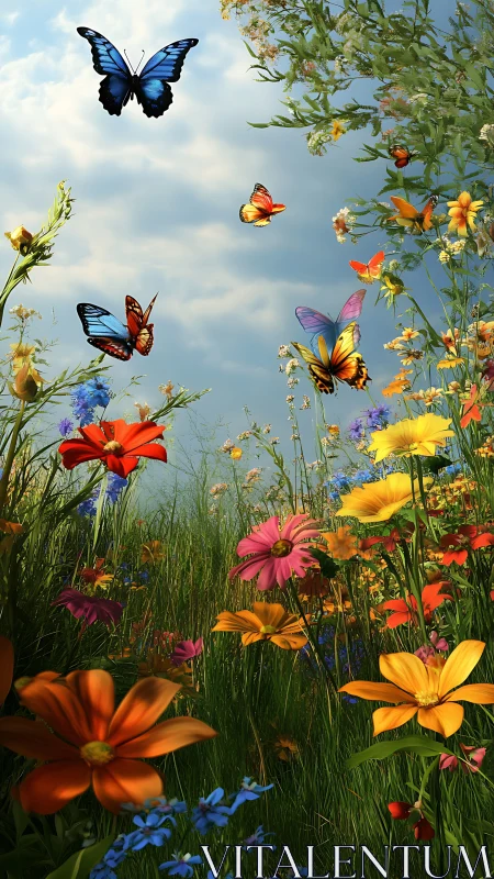 Butterfly Garden Under Blue Sky with Colorful Blooms.