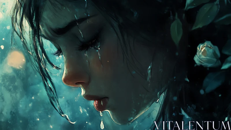 Rain-soaked reverie of a girl weeping in teal twilight.