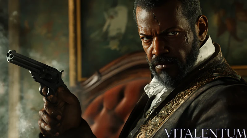 Man holding revolver stares intensely toward the camera