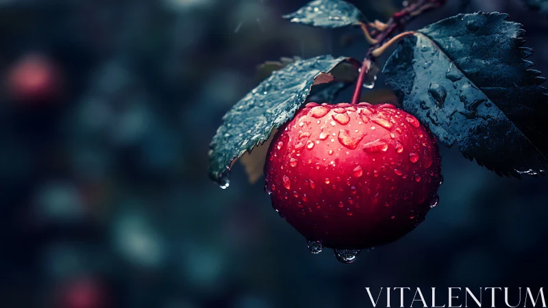 Single wet red apple captured with shallow depth of field macro