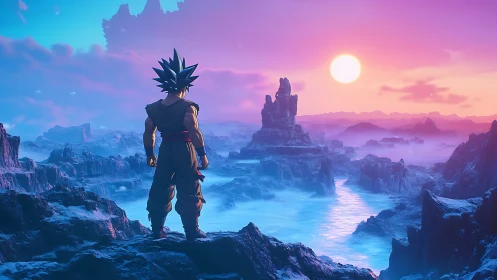 Spiky haired figure overlooking rocky alien coast at sunset.