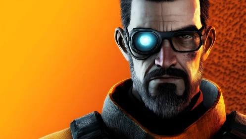 Stoic cyber-commander with blazing monocle glare portrait.