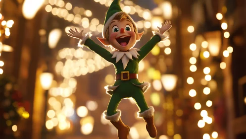 Joyful Christmas elf jumping amid festive street lights.