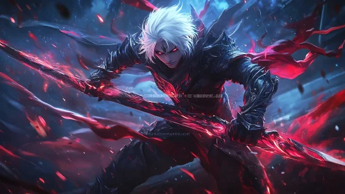 White-haired dark warrior unleashes blazing crimson power