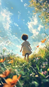 Sunlit meadow wander with a child chasing bright skies.