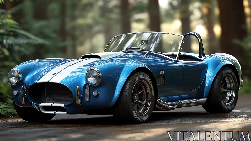 Photorealistic blue roadster with racing stripes in forest setting.