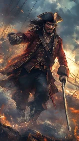 Pirate captain charges through burning surf amid battle