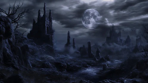 Ruined gothic citadel under a cold, high-contrast full moon