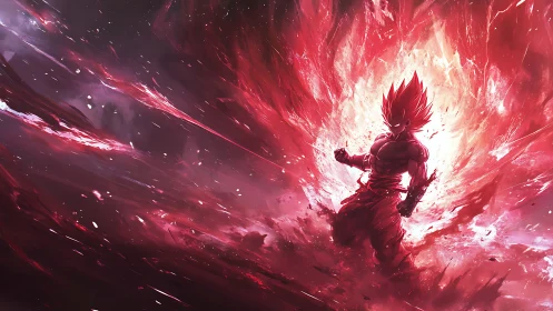 Red energy-cloaked humanoid figure in explosive backdrop.