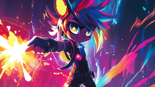 Anthropomorphic figure projects luminous energy in neon space