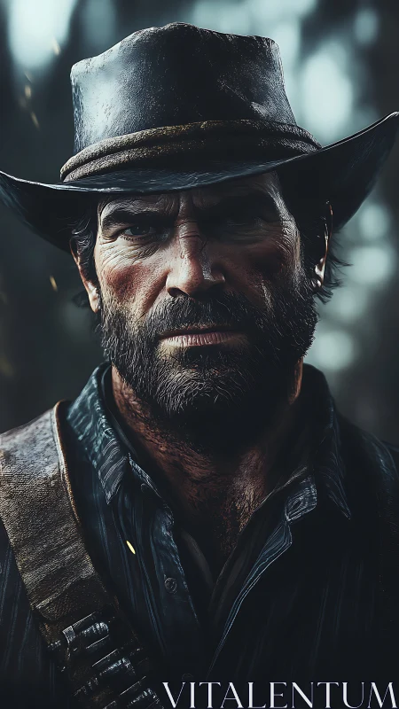 Bearded cowboy stares forward in detailed digital portrait