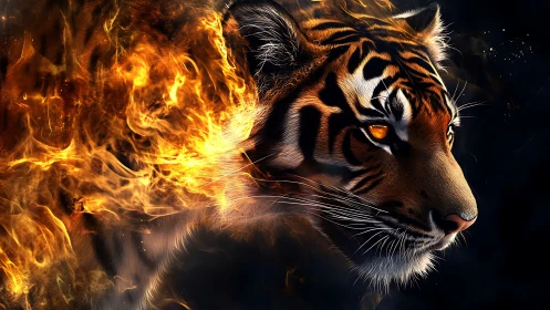Fire-forged tiger profile merges flame and fur textures.