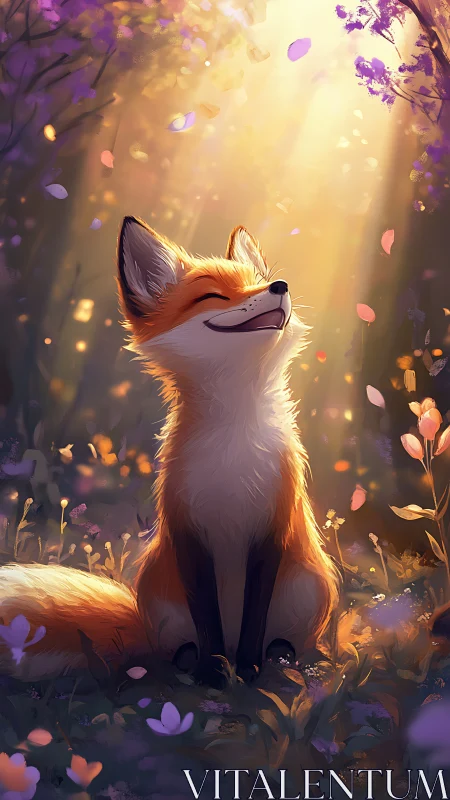 Sunlit fox enjoys a peaceful moment in a glowing forest