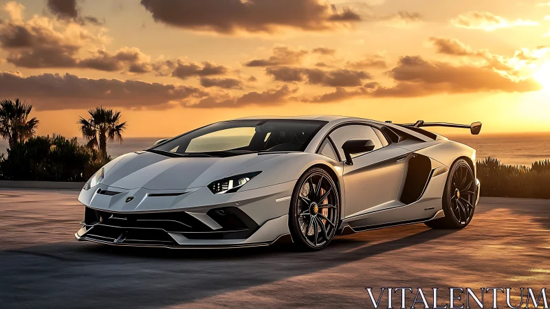 Low-angle supercar render under warm coastal sunset illumination