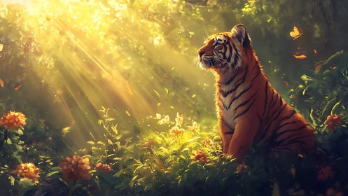Sunlit tiger rests peacefully in a glowing forest garden