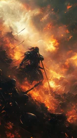 Armored warlord advancing through apocalyptic firestorm.