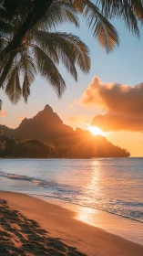 Coastal shoreline with mountain silhouette at sunset.