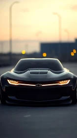 Sleek black sports car prowling under soft dusk bokeh glow.