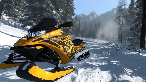 Yellow and black snowmobile positioned in snowy mountain terrain with coniferous forest.