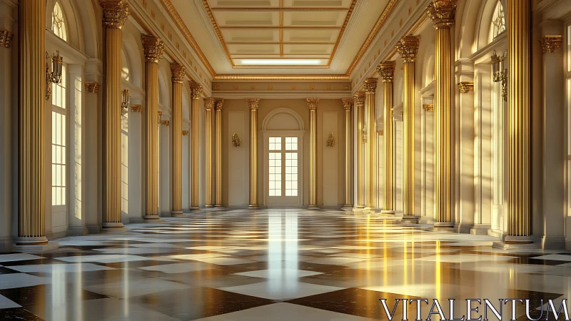 Sunlit neoclassical hall with gilded columns and marble floor.