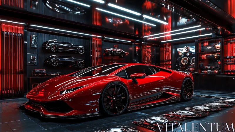 Red hypercar glows inside neon-lit futuristic workshop.