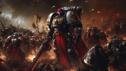 Armored space warrior leads burning battlefield assault