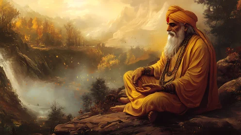 Meditative sage in golden Himalayan valley atmosphere.