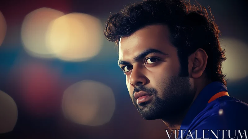 Thoughtful young man in rich evening bokeh glow.