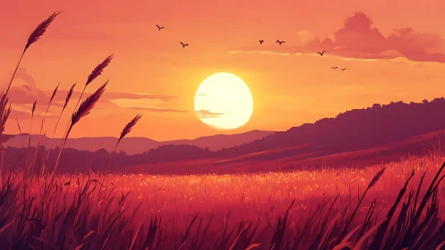 Sunset wheatfield drenched in molten amber hush.