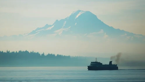 Ferry crosses calm water beneath distant snowy mountain