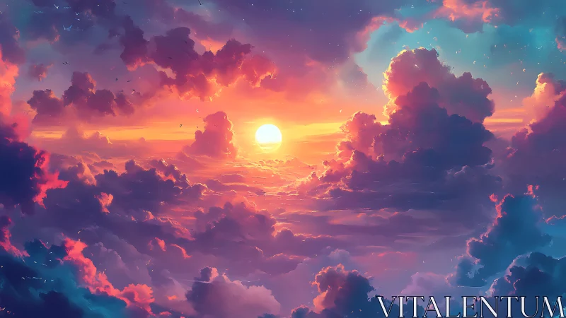 Sunset sky with dense clouds in vivid gradient light.