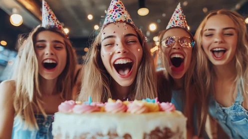 Friends Celebrating Birthday with Cake and Party Hats Indoors