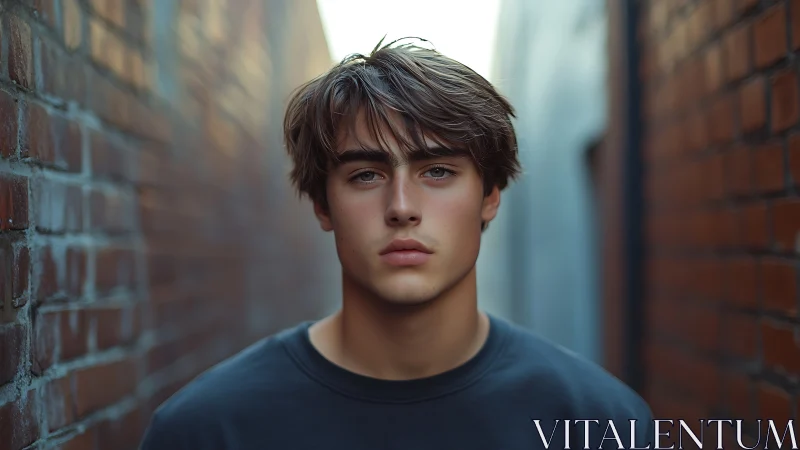 Shallow-depth alley portrait shows centered subject and soft bokeh