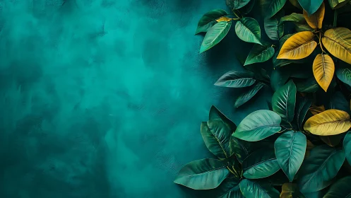 Digital painting foliage on teal textured negative space wall.