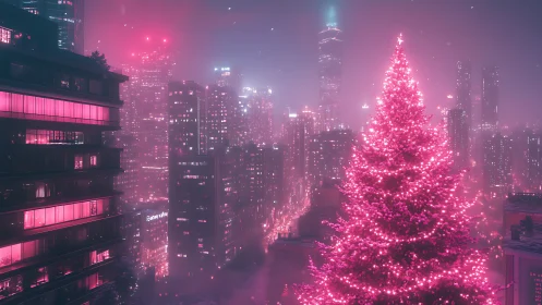 Neon pink Christmas tree glows softly over a misty city