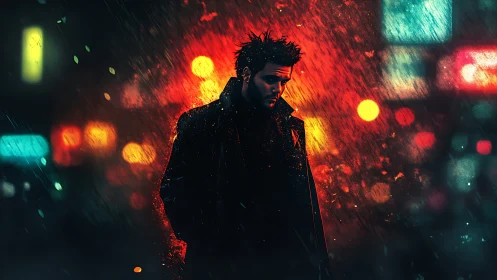 Brooding figure walks alone through neon soaked city rain