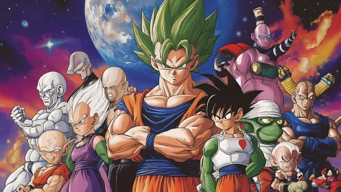 Anime battle squad under cosmic sky, bold lineup composition.