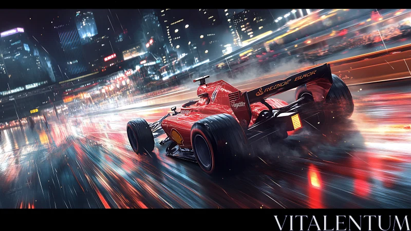 Red Formula race car storms through neon city streets at night.