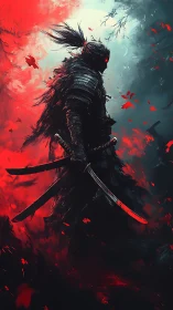 Shadow samurai in red-black armor amid falling crimson leaves.