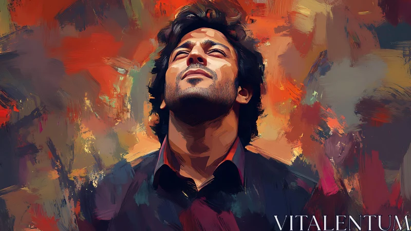 Portrait of man in rapt gaze amid abstract warm strokes.