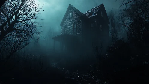 Moody old house rises from misty woods under a brooding sky